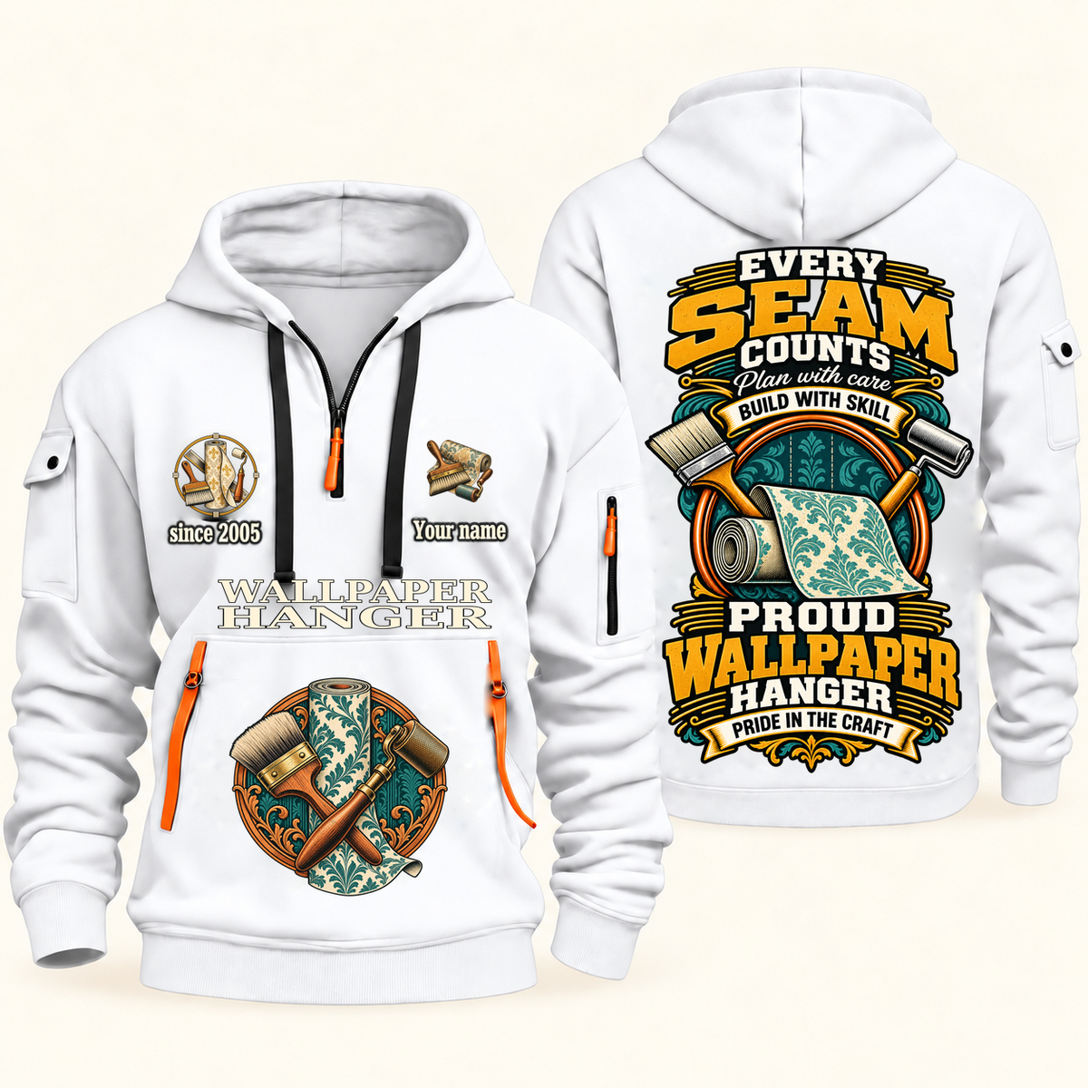 Wallpaper Hanger Every Seam Counts Quarter-Zip Hoodie in White, authentic overlapping front and back views with wallpaper hanger artwork and source sample name/year lettering.