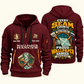 Wallpaper Hanger Every Seam Counts Quarter-Zip Hoodie in Wine Red, authentic overlapping front and back views with wallpaper hanger artwork and source sample name/year lettering.