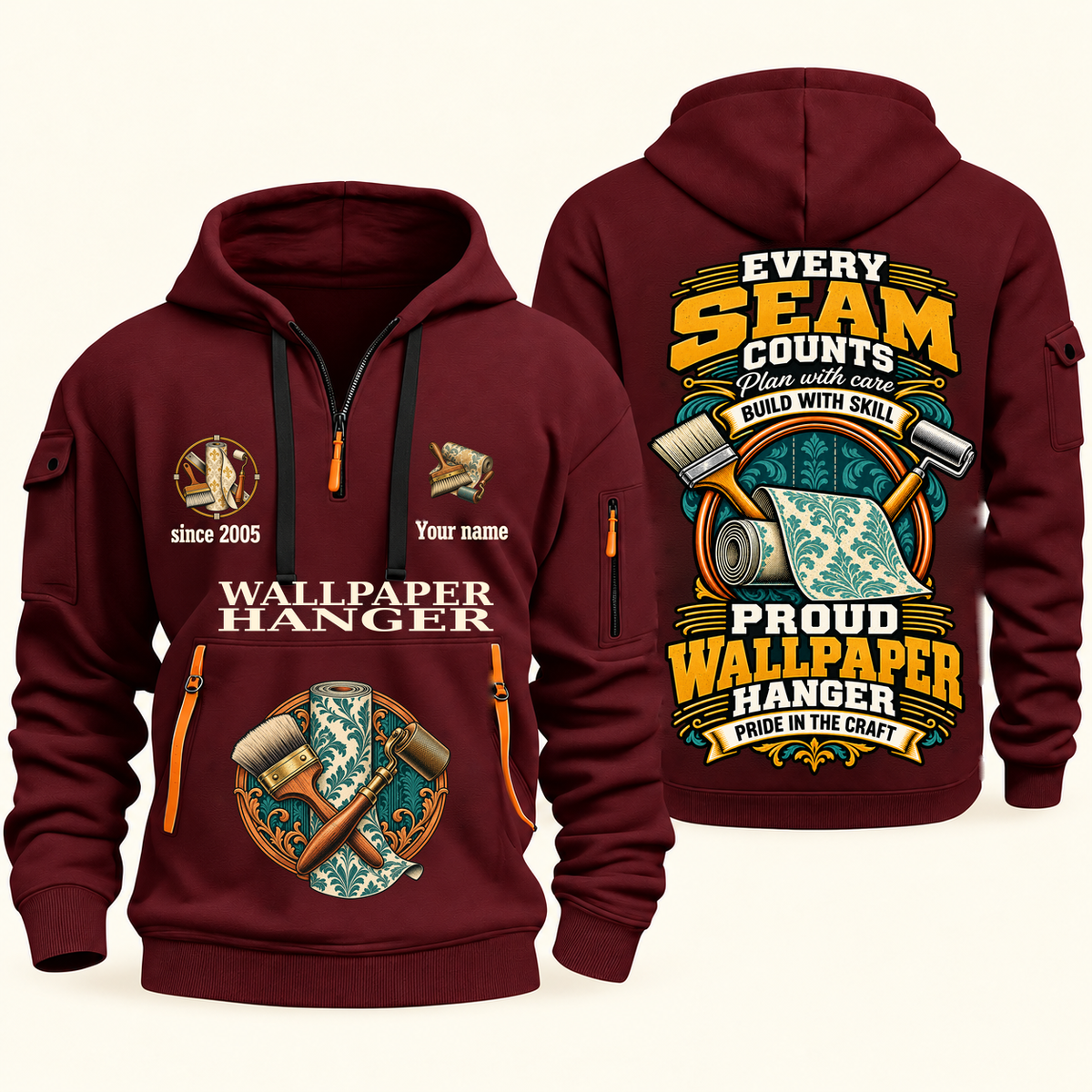 Wallpaper Hanger Every Seam Counts Quarter-Zip Hoodie in Wine Red, authentic overlapping front and back views with wallpaper hanger artwork and source sample name/year lettering.