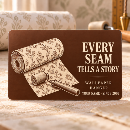 Upright chestnut Wallpaper Hanger Every Seam aluminum wallet card, with cream wallpaper-roll and seam-roller illustration beside Every Seam Tells a Story and Wallpaper Hanger lettering.