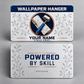Front and reverse of the Wallpaper Hanger Everyday Craft aluminum wallet card. A plain navy occupation header, wallpaper roll and blue-handled seam roller, silver leaf vines and copper rules accompany YOUR NAME sample text and POWERED BY SKILL with KEEPSAKE on the reverse.