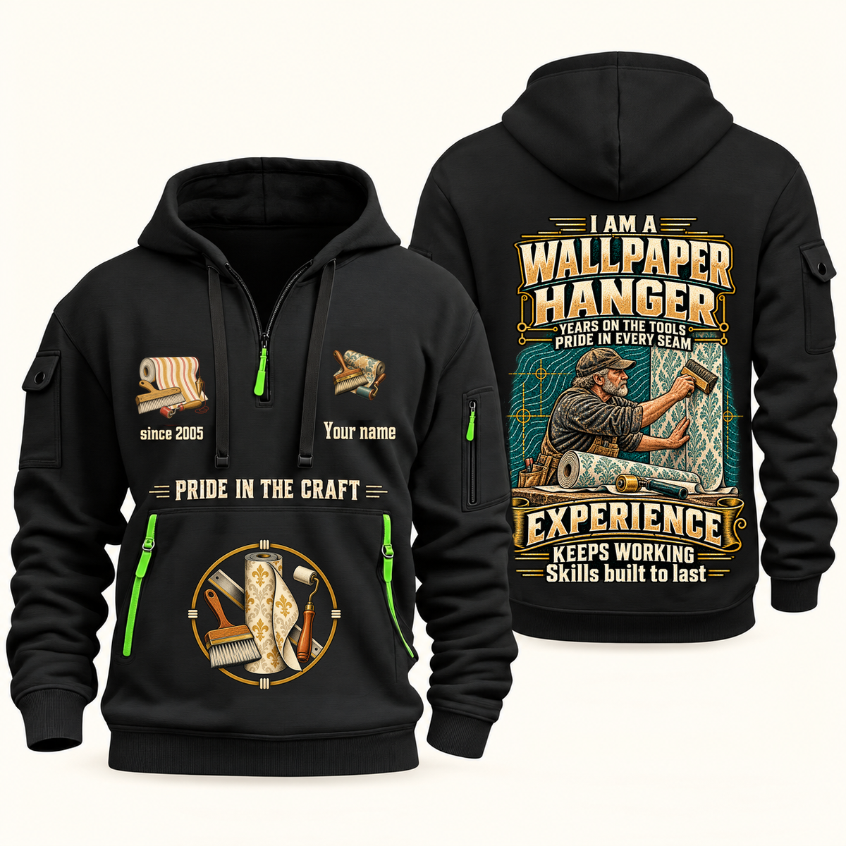 Wallpaper Hanger Experience Keeps Working Quarter-Zip Hoodie in Black, authentic overlapping front and back views with wallpaper hanger artwork and source sample name/year lettering.