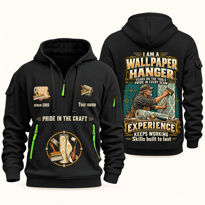 Wallpaper Hanger Experience Keeps Working Quarter-Zip Hoodie in Black, authentic overlapping front and back views with wallpaper hanger artwork and source sample name/year lettering.