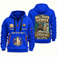 Wallpaper Hanger Experience Keeps Working Quarter-Zip Hoodie in Blue, authentic overlapping front and back views with wallpaper hanger artwork and source sample name/year lettering.