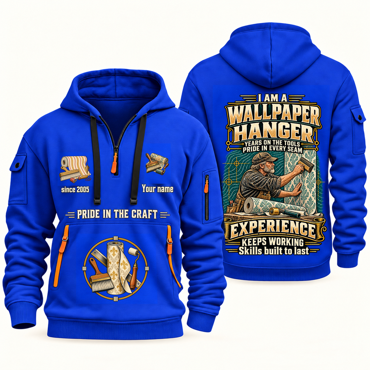 Wallpaper Hanger Experience Keeps Working Quarter-Zip Hoodie in Blue, authentic overlapping front and back views with wallpaper hanger artwork and source sample name/year lettering.