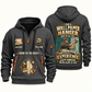 Wallpaper Hanger Experience Keeps Working Quarter-Zip Hoodie in Gray, authentic overlapping front and back views with wallpaper hanger artwork and source sample name/year lettering.