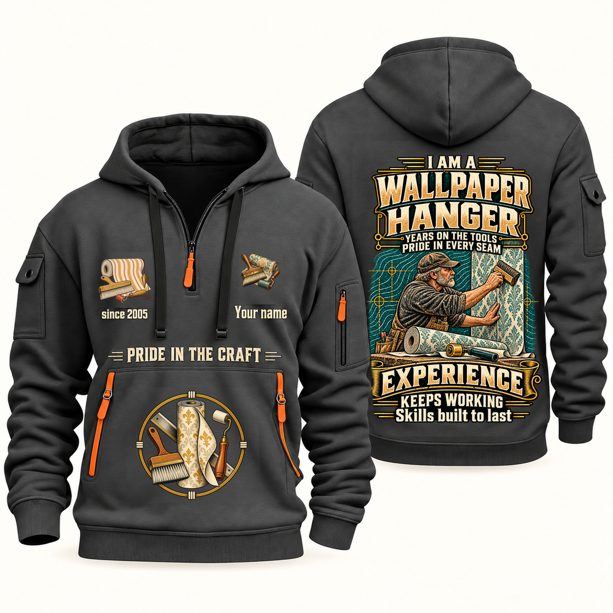 Wallpaper Hanger Experience Keeps Working Quarter-Zip Hoodie in Gray, authentic overlapping front and back views with wallpaper hanger artwork and source sample name/year lettering.