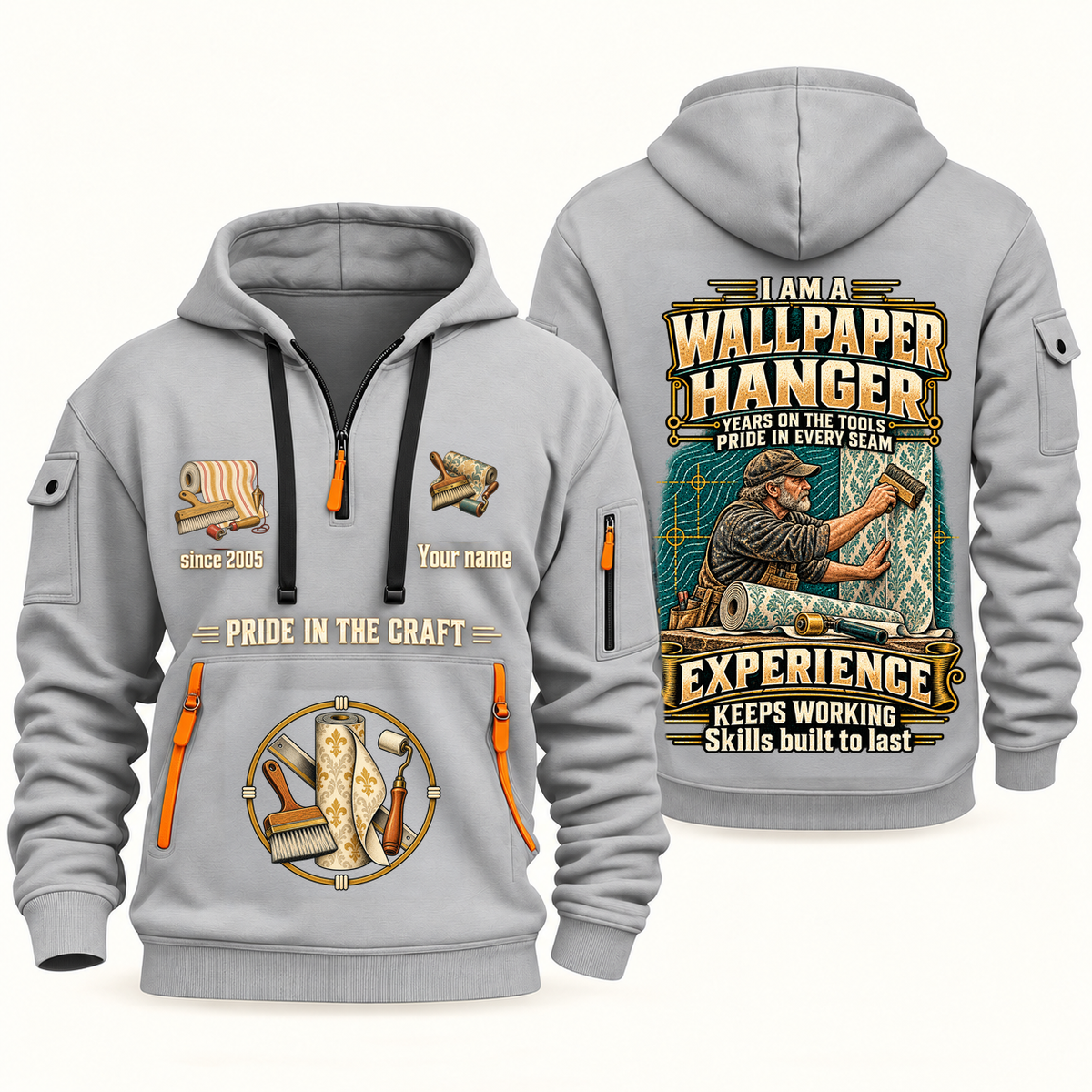 Wallpaper Hanger Experience Keeps Working Quarter-Zip Hoodie in Light Grey, authentic overlapping front and back views with wallpaper hanger artwork and source sample name/year lettering.