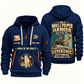 Wallpaper Hanger Experience Keeps Working Quarter-Zip Hoodie in Navy, authentic overlapping front and back views with wallpaper hanger artwork and source sample name/year lettering.