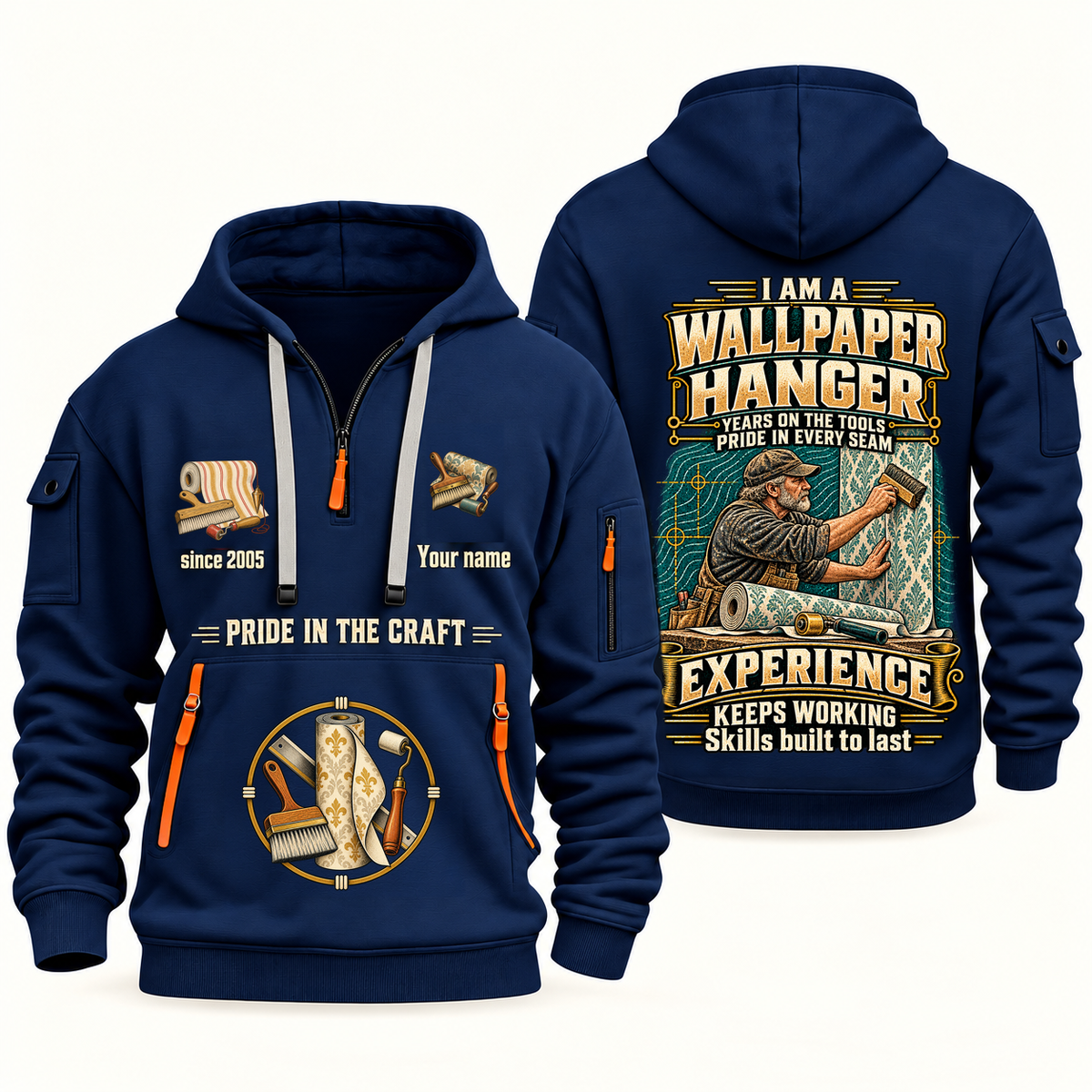 Wallpaper Hanger Experience Keeps Working Quarter-Zip Hoodie in Navy, authentic overlapping front and back views with wallpaper hanger artwork and source sample name/year lettering.
