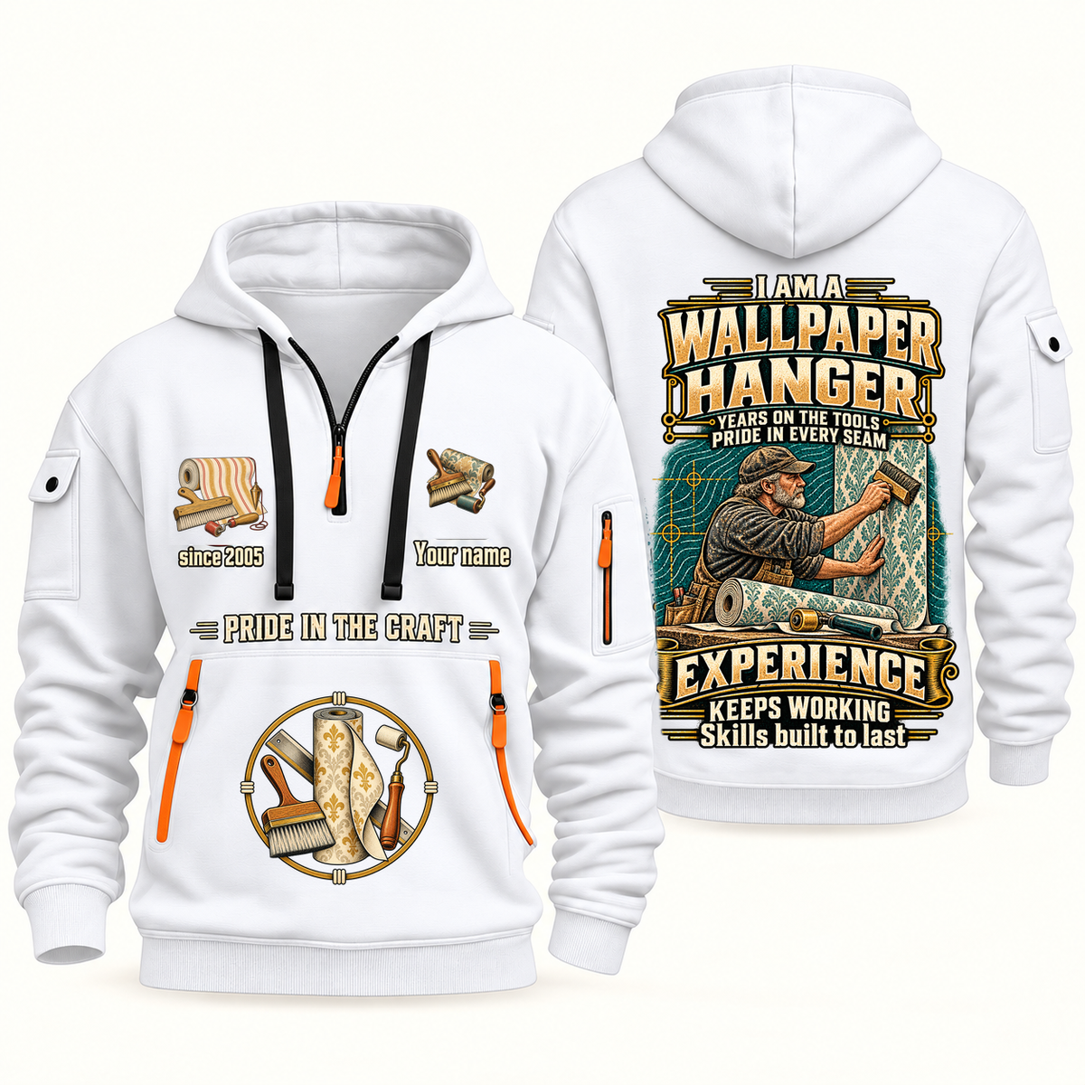 Wallpaper Hanger Experience Keeps Working Quarter-Zip Hoodie in White, authentic overlapping front and back views with wallpaper hanger artwork and source sample name/year lettering.