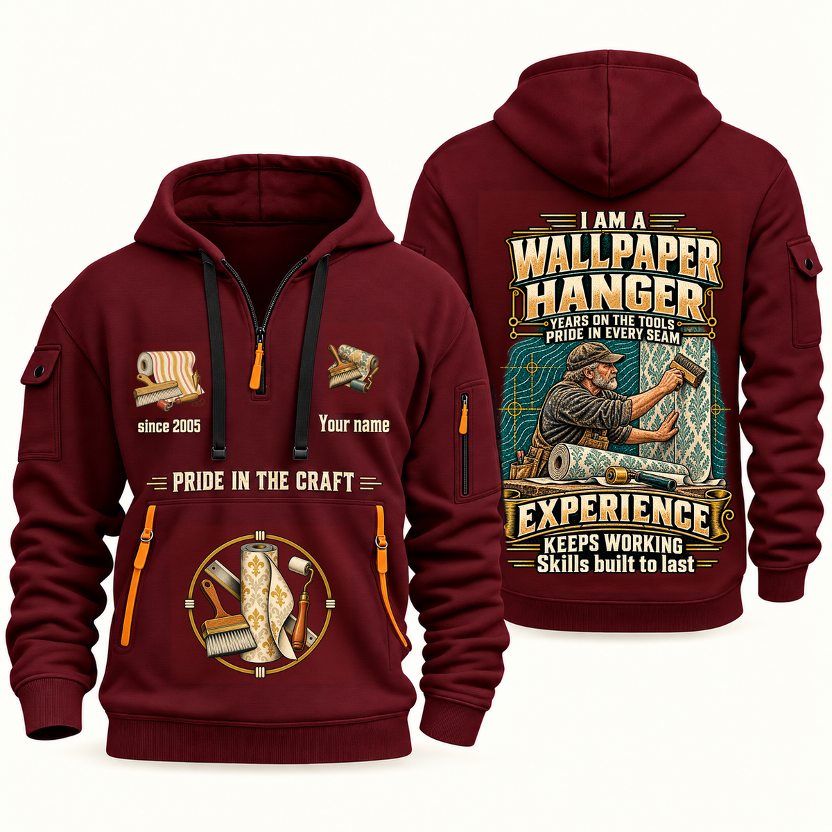 Wallpaper Hanger Experience Keeps Working Quarter-Zip Hoodie in Wine Red, authentic overlapping front and back views with wallpaper hanger artwork and source sample name/year lettering.