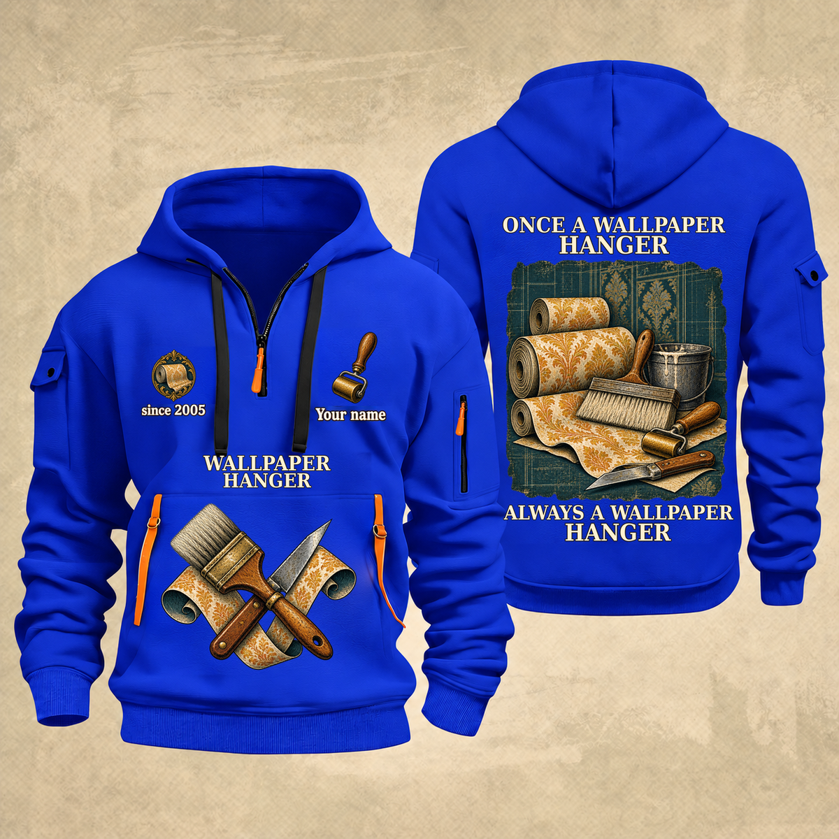 Wallpaper Hanger Proud of the Trade Quarter-Zip Hoodie in Blue, full authentic front and back views with matching wallpaper hanger tools and equipment artwork, original sample name/year and once-and-always trade motto.