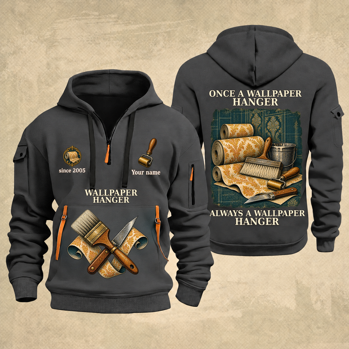 Wallpaper Hanger Proud of the Trade Quarter-Zip Hoodie in Gray, full authentic front and back views with matching wallpaper hanger tools and equipment artwork, original sample name/year and once-and-always trade motto.