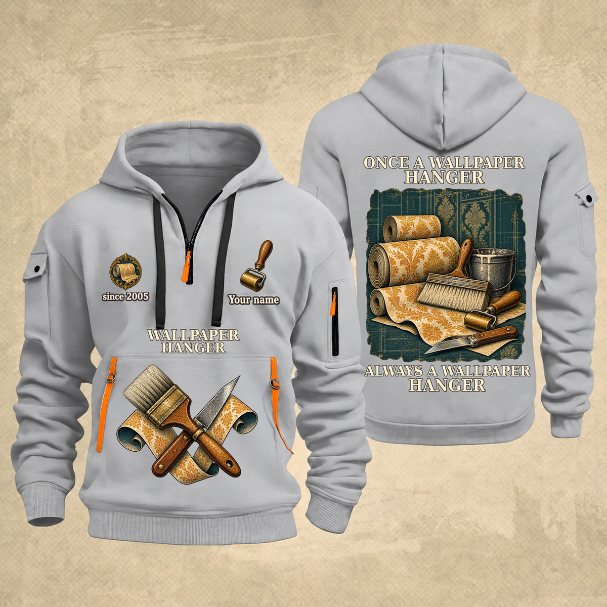 Wallpaper Hanger Proud of the Trade Quarter-Zip Hoodie in Light Grey, full authentic front and back views with matching wallpaper hanger tools and equipment artwork, original sample name/year and once-and-always trade motto.