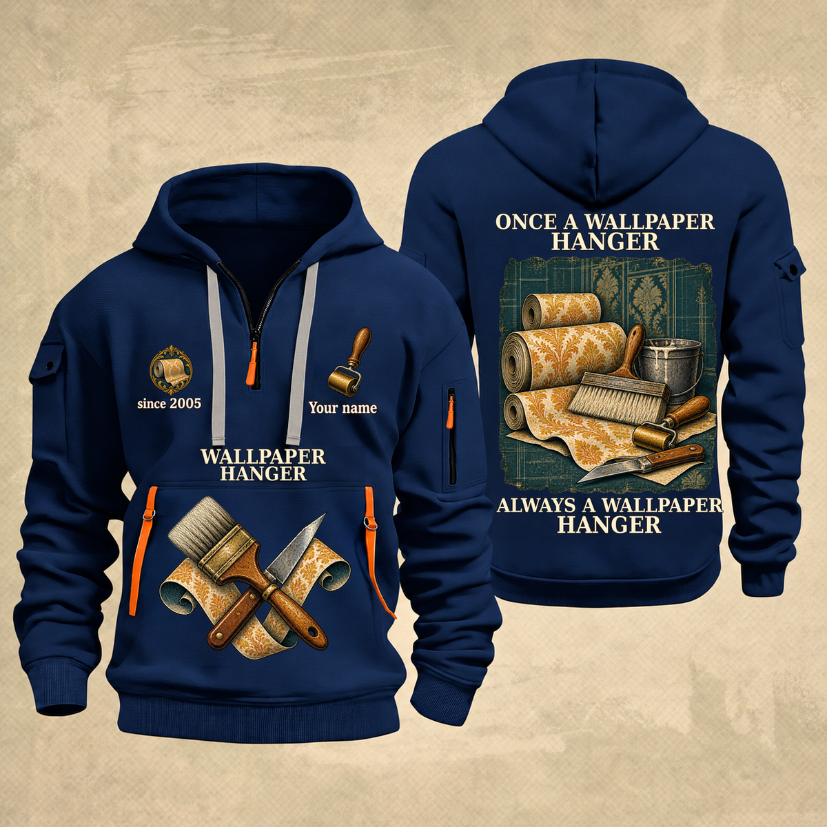Wallpaper Hanger Proud of the Trade Quarter-Zip Hoodie in Navy, full authentic front and back views with matching wallpaper hanger tools and equipment artwork, original sample name/year and once-and-always trade motto.