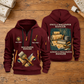 Wallpaper Hanger Proud of the Trade Quarter-Zip Hoodie in Wine Red, full authentic front and back views with matching wallpaper hanger tools and equipment artwork, original sample name/year and once-and-always trade motto. On a wallpaper hanger workbench.