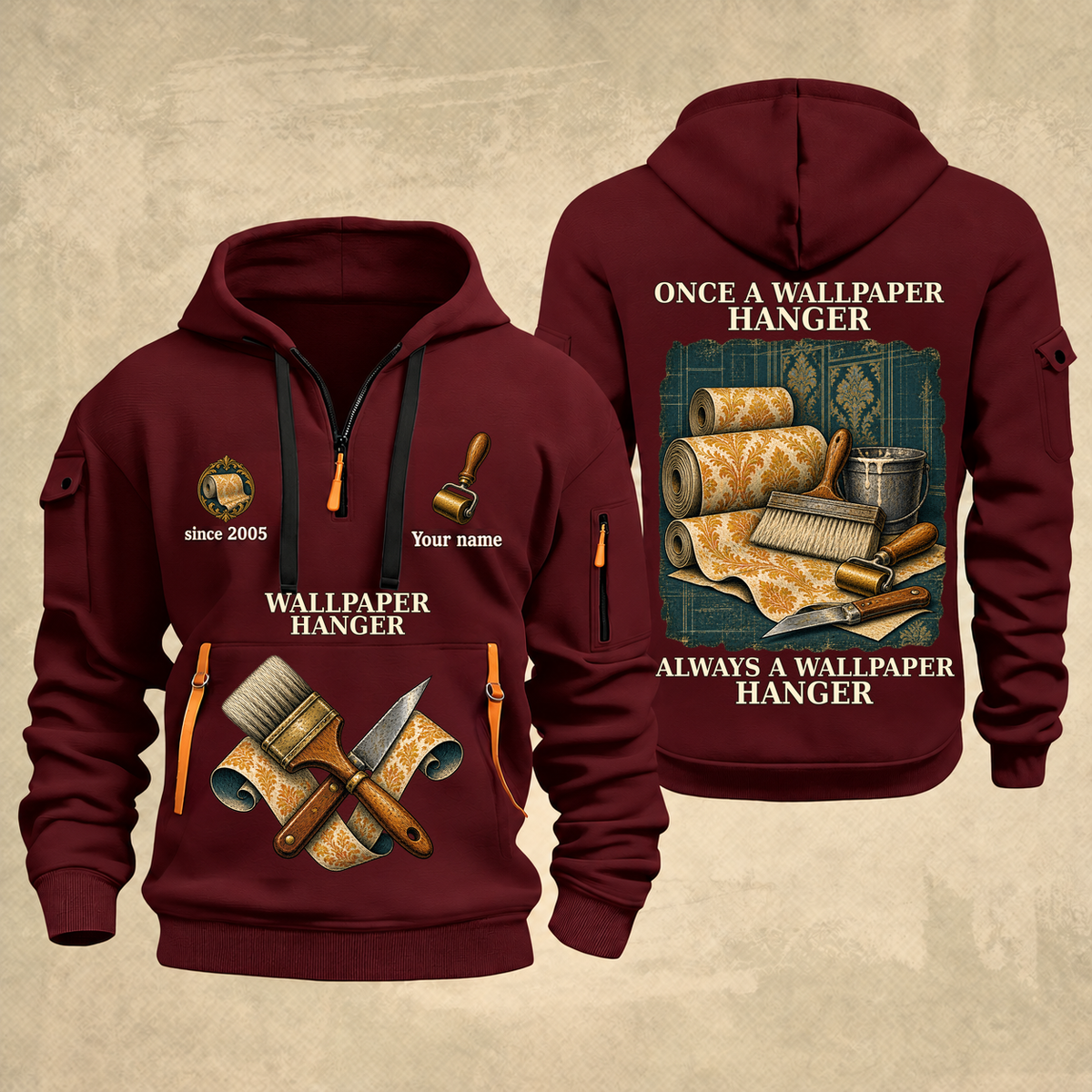 Wallpaper Hanger Proud of the Trade Quarter-Zip Hoodie in Wine Red, full authentic front and back views with matching wallpaper hanger tools and equipment artwork, original sample name/year and once-and-always trade motto.