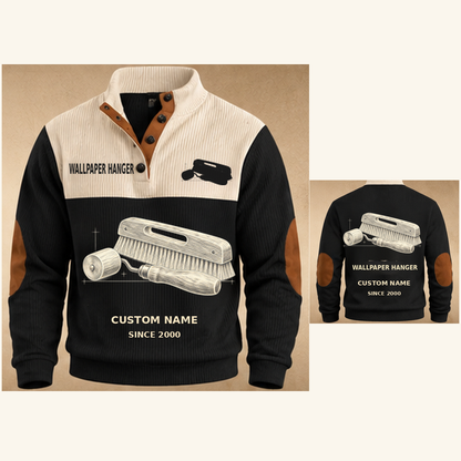 Wallpaper Hanger Finish Planner Sports Sweatshirt in Black, original garment front and back views with cream technical wallpaper seam roller and smoothing brush artwork, occupation lettering, cream front yoke and plain tan elbow patches.; visible custom-name and SINCE 2000 sample text on the garment.