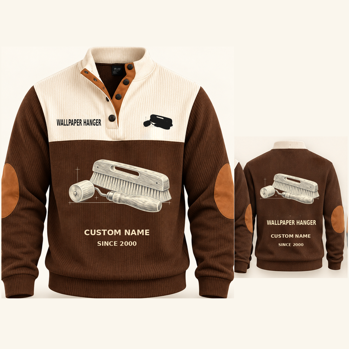 Wallpaper Hanger Finish Planner Sports Sweatshirt in Brown, original garment front and back views with cream technical wallpaper seam roller and smoothing brush artwork, occupation lettering, cream front yoke and plain tan elbow patches.; visible custom-name and SINCE 2000 sample text on the garment.