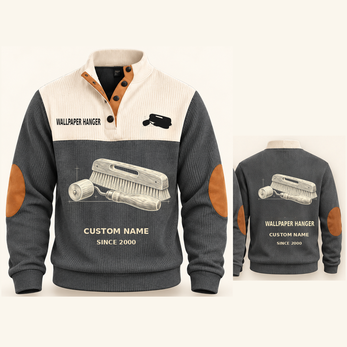 Wallpaper Hanger Finish Planner Sports Sweatshirt in Grey, original garment front and back views with cream technical wallpaper seam roller and smoothing brush artwork, occupation lettering, cream front yoke and plain tan elbow patches.; visible custom-name and SINCE 2000 sample text on the garment.