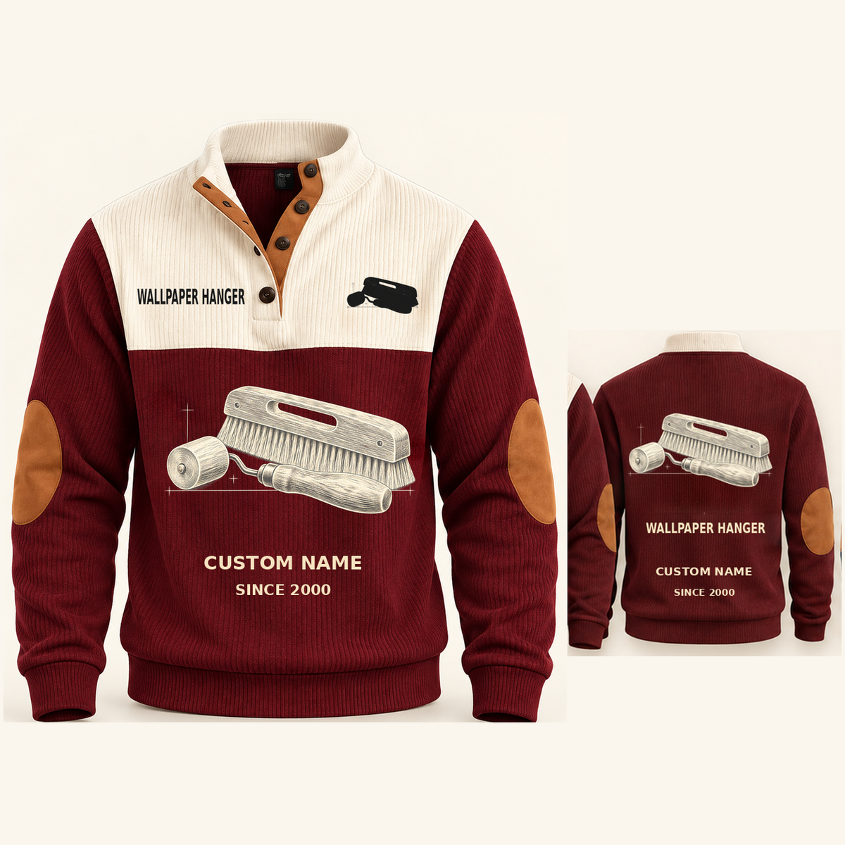 Wallpaper Hanger Finish Planner Sports Sweatshirt in Jujube Red, original garment front and back views with cream technical wallpaper seam roller and smoothing brush artwork, occupation lettering, cream front yoke and plain tan elbow patches.; visible custom-name and SINCE 2000 sample text on the garment.