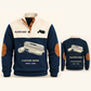 Wallpaper Hanger Finish Planner Sports Sweatshirt in Navy, original garment front and back views with cream technical wallpaper seam roller and smoothing brush artwork, occupation lettering, cream front yoke and plain tan elbow patches.; visible custom-name and SINCE 2000 sample text on the garment.