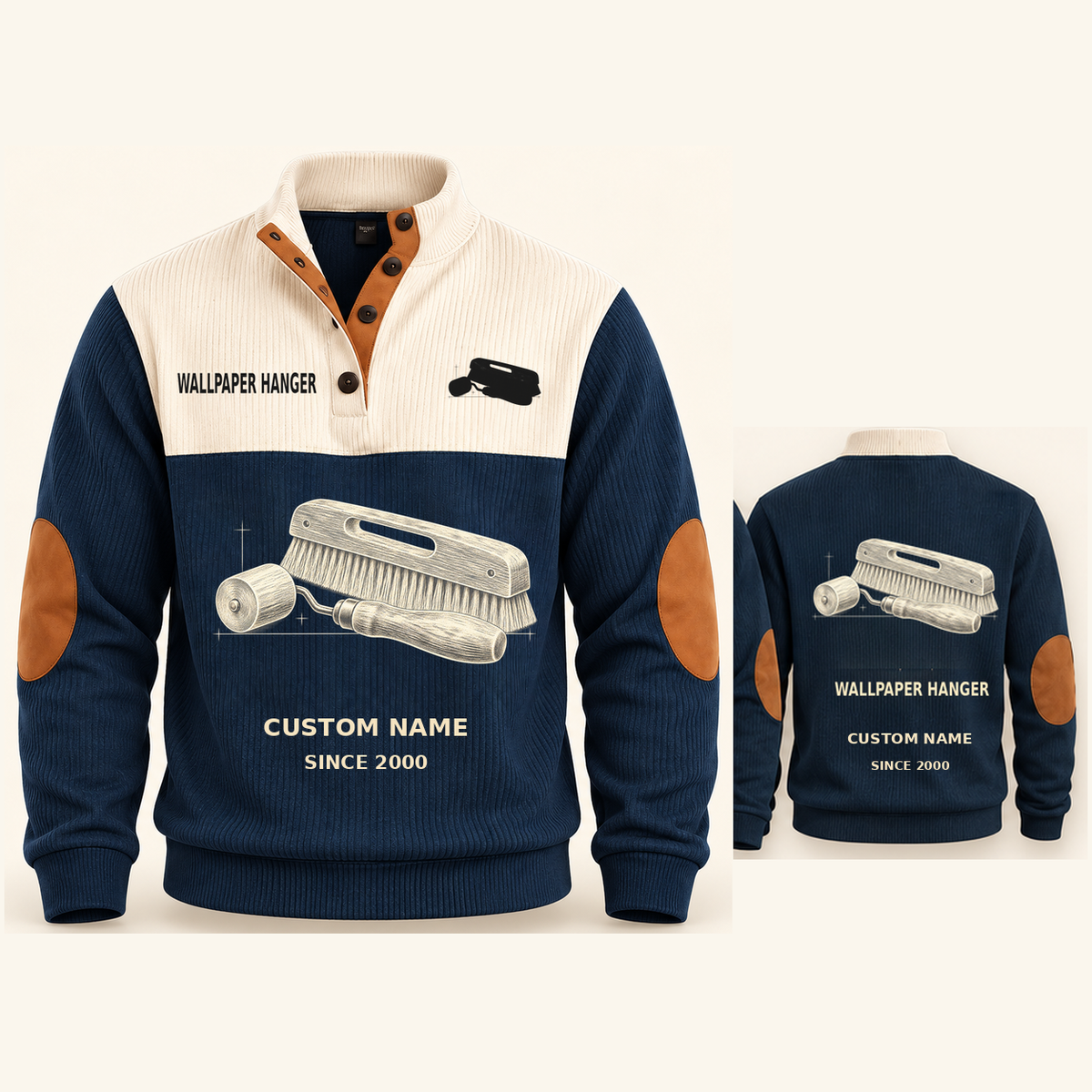 Wallpaper Hanger Finish Planner Sports Sweatshirt in Navy, original garment front and back views with cream technical wallpaper seam roller and smoothing brush artwork, occupation lettering, cream front yoke and plain tan elbow patches.; visible custom-name and SINCE 2000 sample text on the garment.