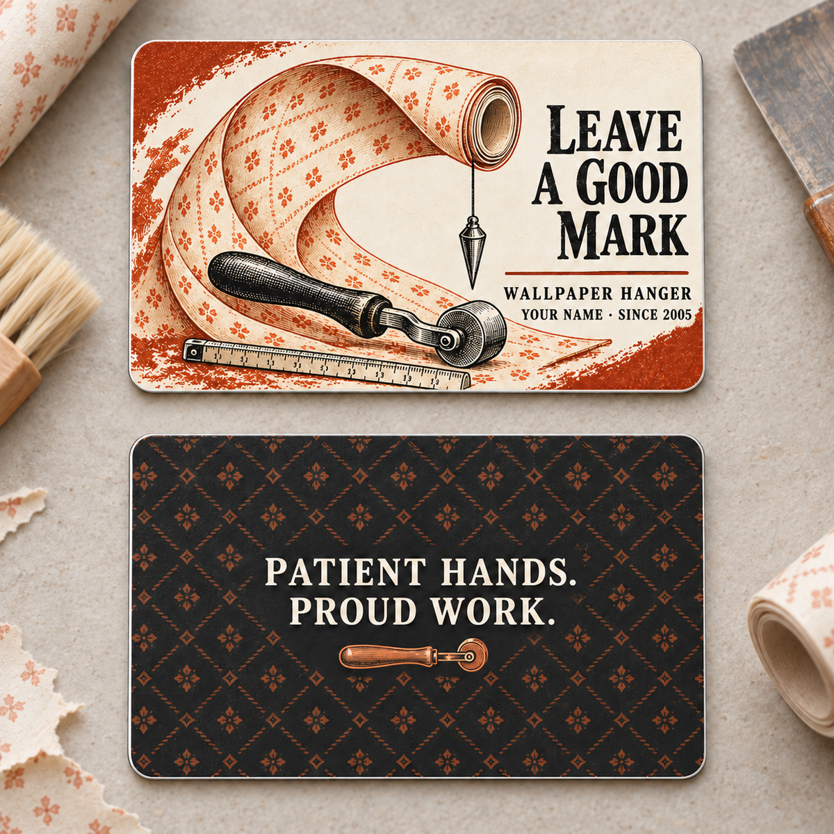 Front and reverse of the thin rounded Wallpaper Hanger Leave a Good Mark aluminum wallet card. The cream front shows a patterned wallpaper roll and trade tools; the charcoal reverse has a rust diamond repeat, Patient Hands. Proud Work. and a small seam roller.