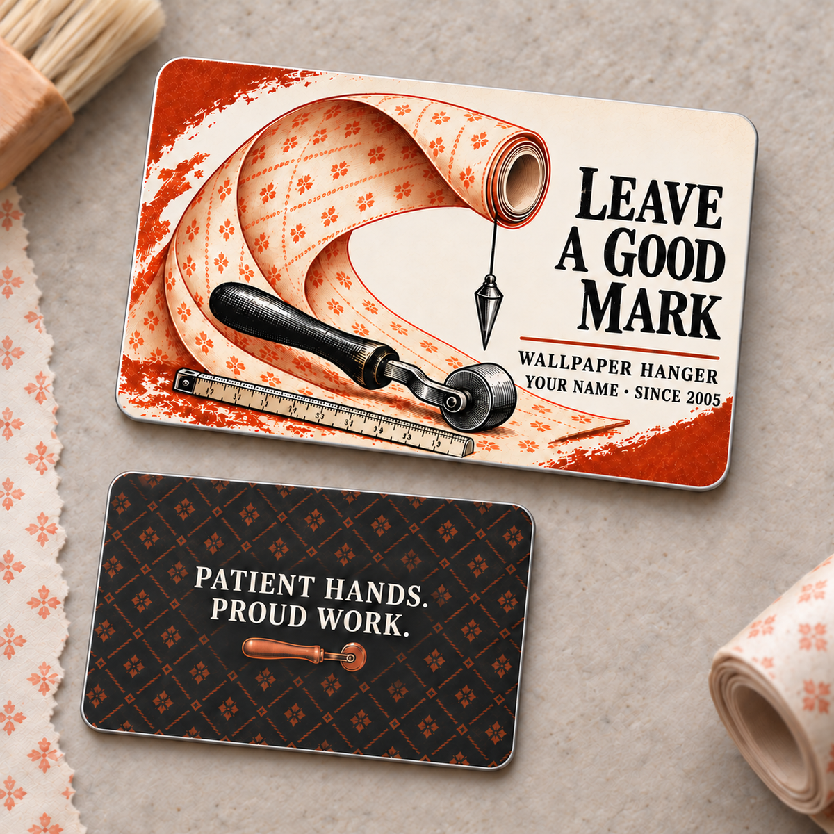 Offset front and reverse views of one Wallpaper Hanger Leave a Good Mark aluminum wallet card on a wallpaper preparation table, with cream and rust wallpaper-roll artwork, seam roller, measuring rule and plumb bob; the charcoal reverse reads Patient Hands. Proud Work.