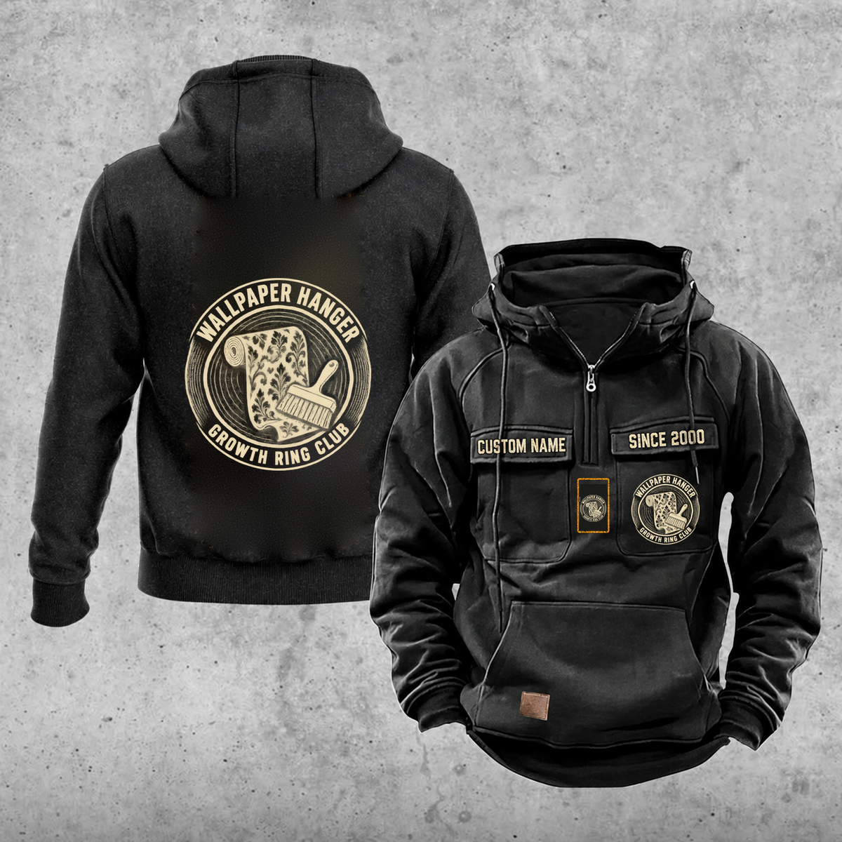 Wallpaper Hanger Vintage Hoodie - Growth Ring Club — Black; faithful original Vintage Hoodie front and back artwork; CUSTOM NAME and SINCE 2000 on front chest.