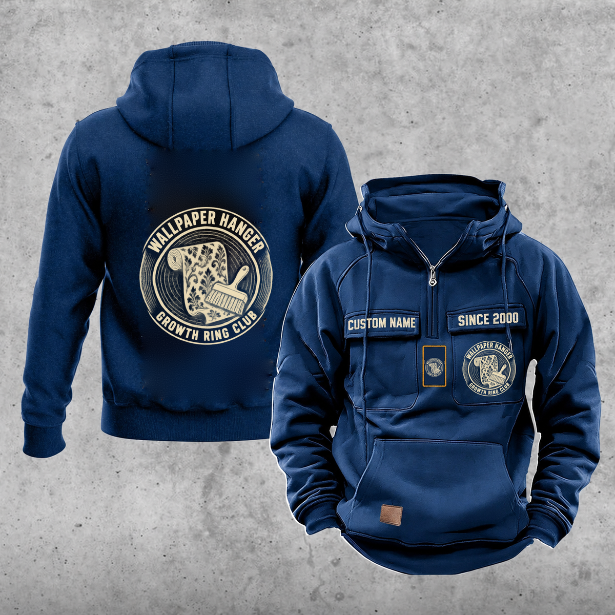 Wallpaper Hanger Vintage Hoodie - Growth Ring Club — Dark Blue; faithful original Vintage Hoodie front and back artwork; CUSTOM NAME and SINCE 2000 on front chest.