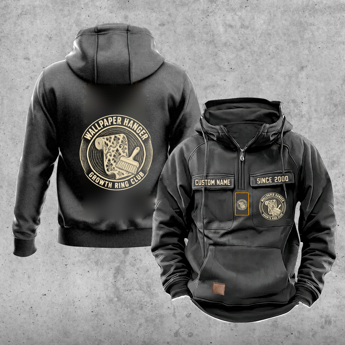 Wallpaper Hanger Vintage Hoodie - Growth Ring Club — Dark Gray; faithful original Vintage Hoodie front and back artwork; CUSTOM NAME and SINCE 2000 on front chest.