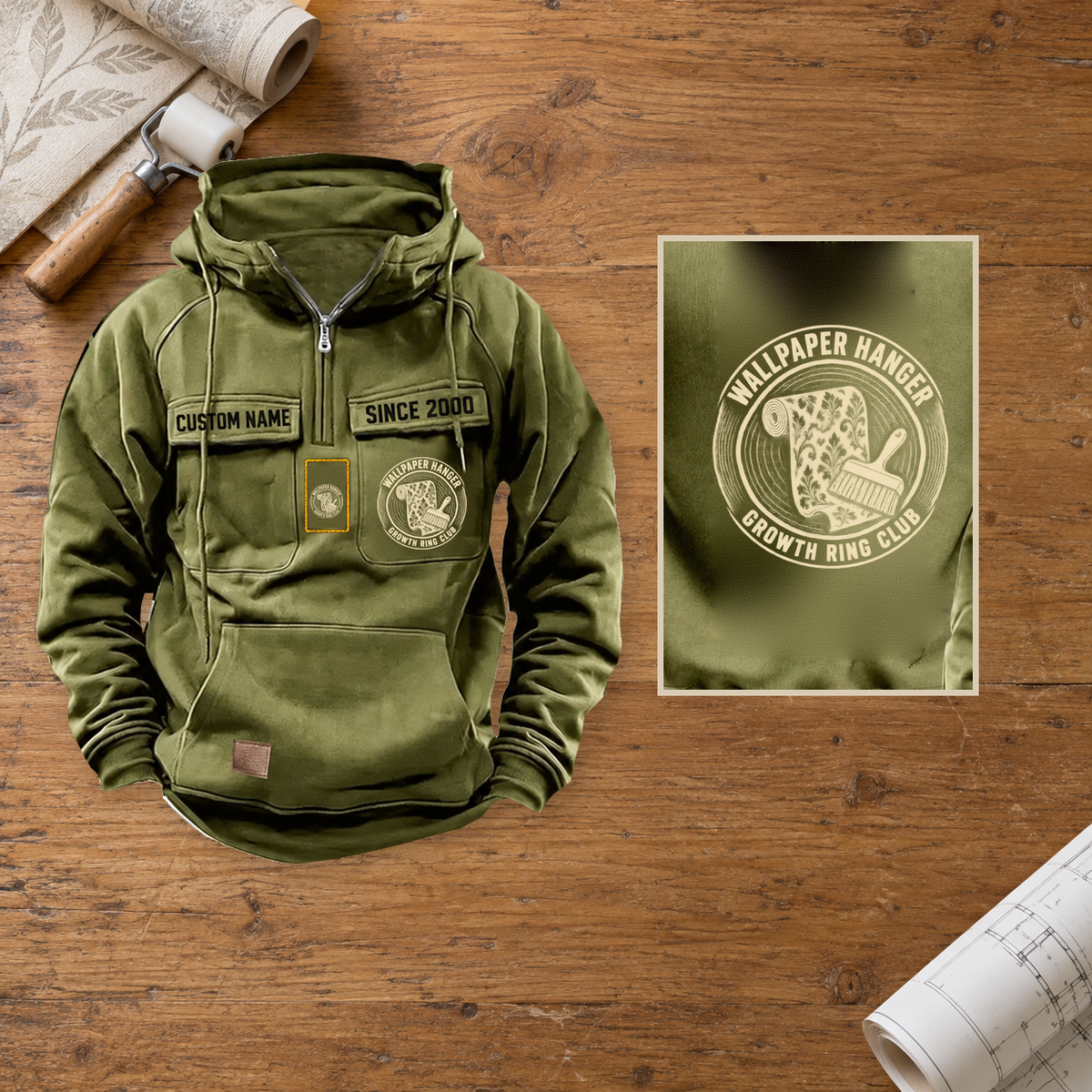 Wallpaper Hanger Vintage Hoodie - Growth Ring Club — Hero; faithful original Vintage Hoodie front and back artwork; CUSTOM NAME and SINCE 2000 on front chest.