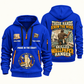 Wallpaper Hanger Hands That Power Quarter-Zip Hoodie in Blue, authentic overlapping front and back views with wallpaper hanger artwork and source sample name/year lettering.