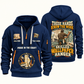 Wallpaper Hanger Hands That Power Quarter-Zip Hoodie in Navy, authentic overlapping front and back views with wallpaper hanger artwork and source sample name/year lettering.