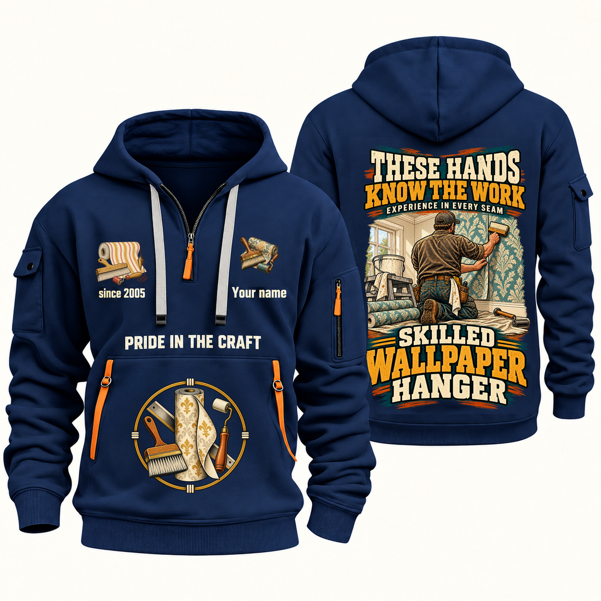 Wallpaper Hanger Hands That Power Quarter-Zip Hoodie in Navy, authentic overlapping front and back views with wallpaper hanger artwork and source sample name/year lettering.