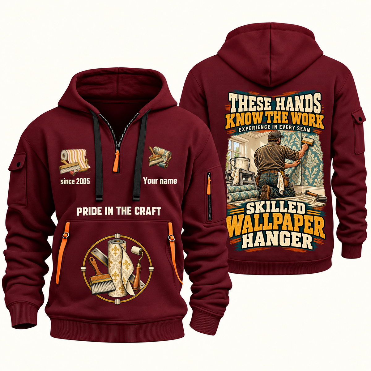 Wallpaper Hanger Hands That Power Quarter-Zip Hoodie in Wine Red, authentic overlapping front and back views with wallpaper hanger artwork and source sample name/year lettering.