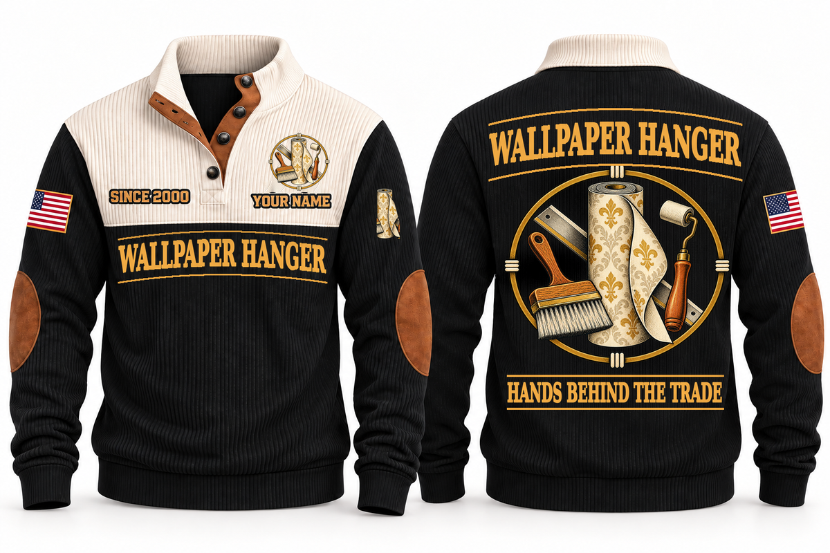 Wallpaper Hanger Hands Behind the Trade Sports Sweatshirt in Black, front and back with wallpaper roll, smoothing brush and seam roller, plus illustrative sample name and year.