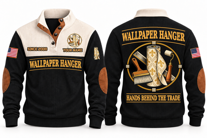 Wallpaper Hanger Hands Behind the Trade Sports Sweatshirt in Black, front and back with wallpaper roll, smoothing brush and seam roller, plus illustrative sample name and year.