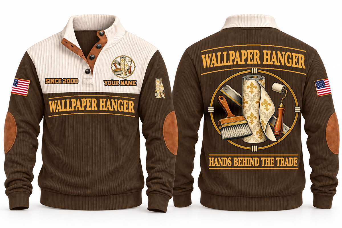 Wallpaper Hanger Hands Behind the Trade Sports Sweatshirt in Brown, front and back with wallpaper roll, smoothing brush and seam roller, plus illustrative sample name and year.