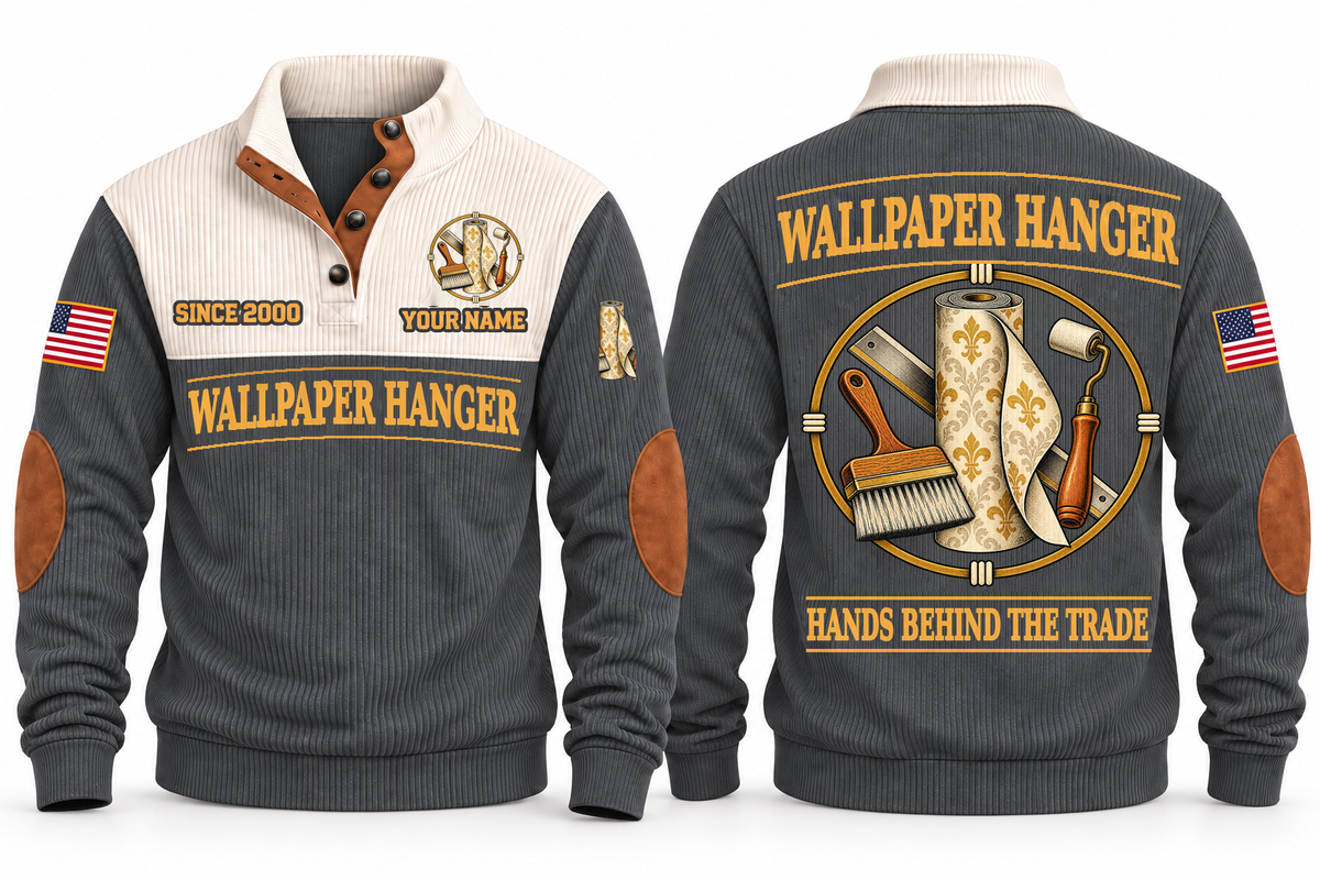Wallpaper Hanger Hands Behind the Trade Sports Sweatshirt in Grey, front and back with wallpaper roll, smoothing brush and seam roller, plus illustrative sample name and year.