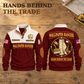 Wallpaper Hanger Hands Behind the Trade Sports Sweatshirt in Jujube Red, complete front and back views on a wooden workbench.