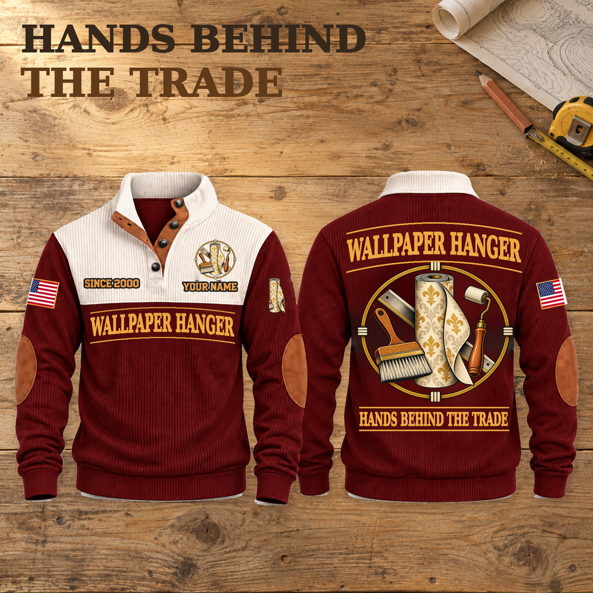 Wallpaper Hanger Hands Behind the Trade Sports Sweatshirt in Jujube Red, complete front and back views on a wooden workbench.