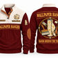 Wallpaper Hanger Hands Behind the Trade Sports Sweatshirt in Jujube Red, front and back with wallpaper roll, smoothing brush and seam roller, plus illustrative sample name and year.