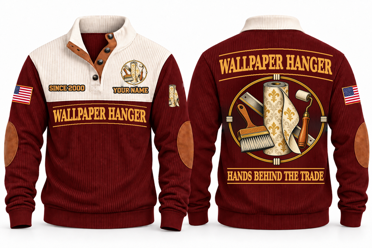Wallpaper Hanger Hands Behind the Trade Sports Sweatshirt in Jujube Red, front and back with wallpaper roll, smoothing brush and seam roller, plus illustrative sample name and year.