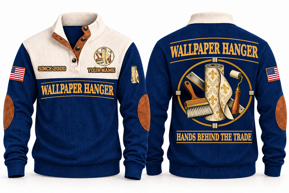 Wallpaper Hanger Hands Behind the Trade Sports Sweatshirt in Navy, front and back with wallpaper roll, smoothing brush and seam roller, plus illustrative sample name and year.