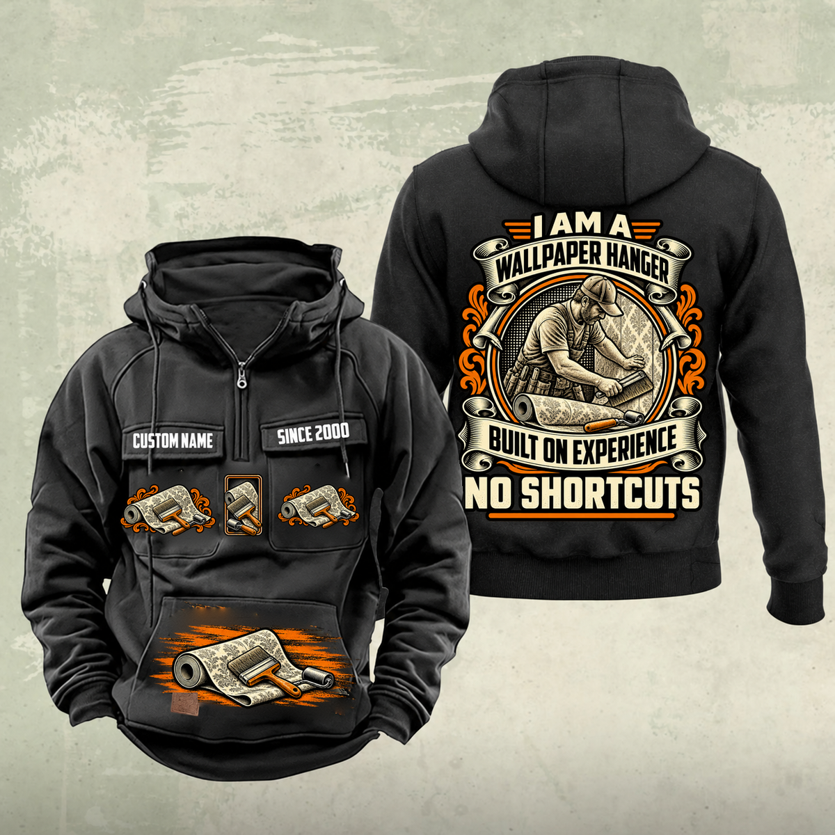 Wallpaper Hanger Heritage Crest Vintage Hoodie in Black, source-faithful front and back views with an ornate trade portrait crest, matching chest and pouch badges, and illustrative CUSTOM NAME and SINCE 2000 samples.
