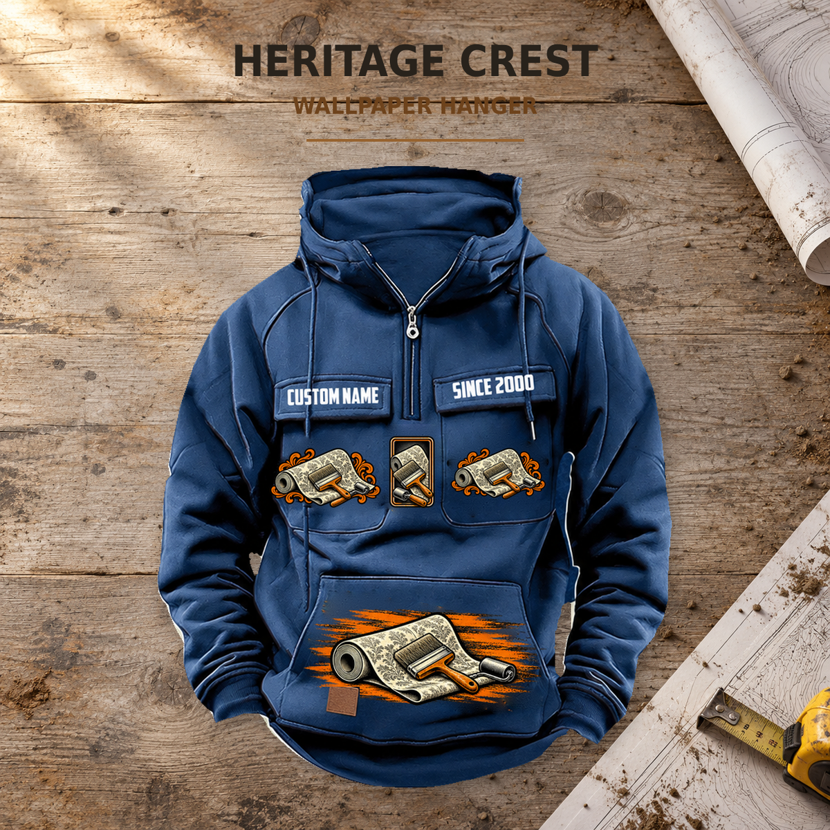 Wallpaper Hanger Heritage Crest Vintage Hoodie in Dark Blue, complete front view on a warm planning workbench, matching trade artwork and illustrative CUSTOM NAME and SINCE 2000 samples.