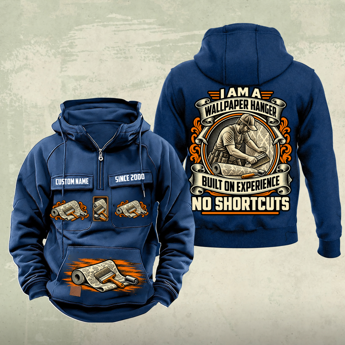 Wallpaper Hanger Heritage Crest Vintage Hoodie in Dark Blue, source-faithful front and back views with an ornate trade portrait crest, matching chest and pouch badges, and illustrative CUSTOM NAME and SINCE 2000 samples.